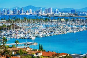 Panorama of San Diego, California, United States. San Diego North Bay, City Skyline, Shelter Island and the Pacific Ocean Blue Water.