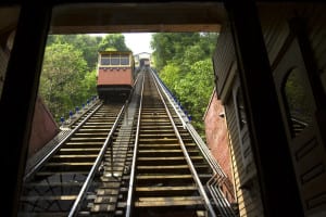 Cars on the historic Monongahela Incline from riverfront to Mt. Washington area of Pittsburgh.